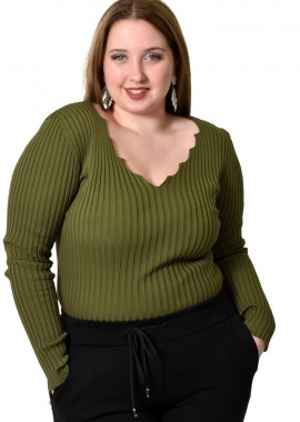 Potre OR - Γυναικείο Plus τοπ ριπ με V λαιμόκομψη Λαδί 21884