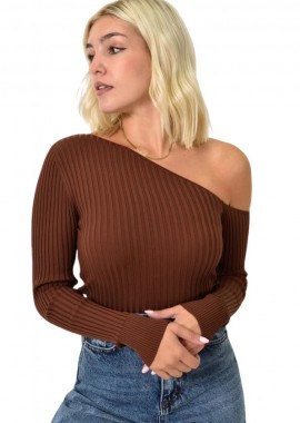 Potre OR - Πλεκτό τοπ με μακρύ μανίκι ασύμμετρο Καφέ 25784