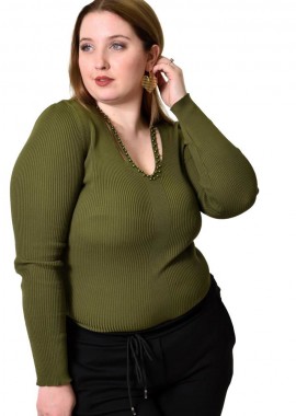 Potre OR - Γυναικείο Plus τοπ με άνοιγμα στο μπούστο και πέρλες Λαδί 21915