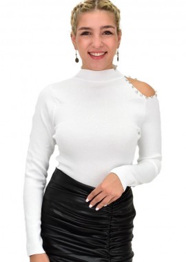 Potre OR - Γυναικείο πλεκτό τοπ με άνοιγμα στον ώμο με στρας Λευκό 22008