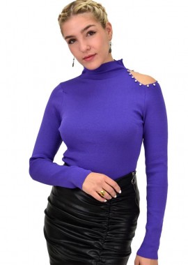 Potre OR - Γυναικείο πλεκτό τοπ με άνοιγμα στον ώμο με στρας Μωβ 22004