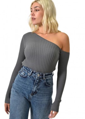 Potre OR - Πλεκτό τοπ με μακρύ μανίκι ασύμμετρο Γκρι 25786