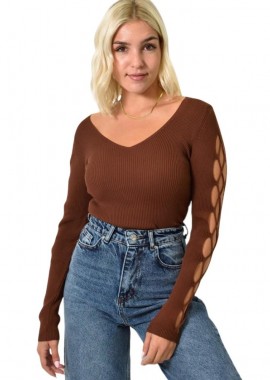 Potre OR - Γυναικείο πλεκτό τοπ με ανοίγματα στο μανίκι Καφέ 25791