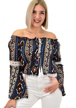 First Woman - Μπλούζα εμπριμέ crop Μπλε Σκούρο 1201