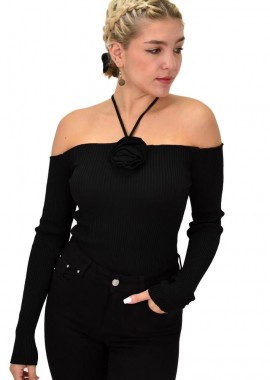 Potre OR - Γυναικείο πλεκτό τοπ με σχέδιο λουλούδι και χιαστί Μαύρο 22121