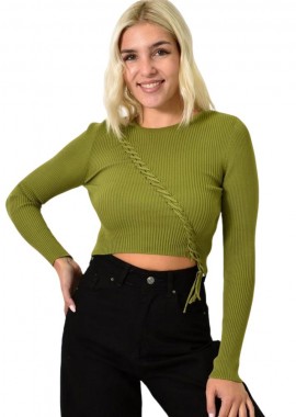 Potre OR - Γυναικείο πλεκτό crop top με σχέδιο πλεξουδάκι Λαδί 25803