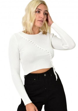Potre OR - Γυναικείο πλεκτό crop top με σχέδιο πλεξουδάκι Εκρού 25805