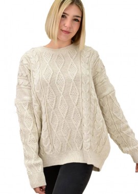 Potre OR - Γυναικείο πλεκτό πουλόβερ με σχέδιο πλεξούδες Μπεζ 18646