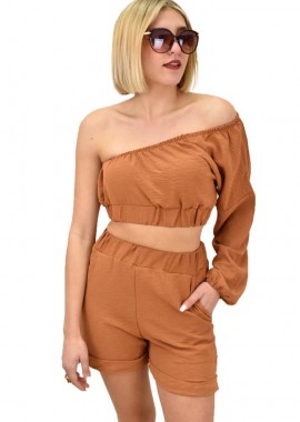 Potre OR - Γυναικείο σετ με τοπ και σορτσάκι Μπεζ 9856