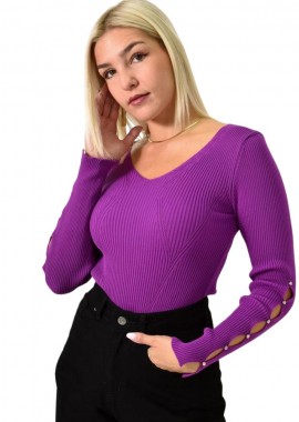 Potre OR - Γυναικείο πλεκτό τοπ με στρας στα μανίκια Ματζέντα 25839