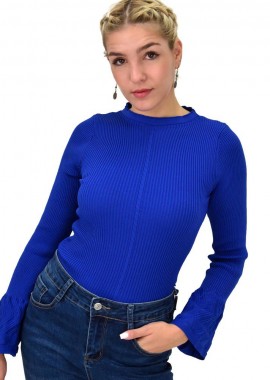 Potre OR - Γυναικείο πλεκτό τοπ με σχέδιο στα μανίκια Μπλε Ρουά 22054