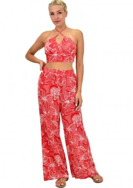 First Woman - Γυναικείο σετ με top και παντελόνα φλοράλ Κόκκινο 21546