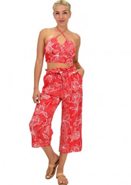 First Woman - Γυναικείο σετ με top και ζιπ κιλότ φλοράλ Κόκκινο 21544