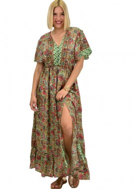 Potre OR - Γυναικείο μεταξωτό boho φόρεμα με κουμπιά χωρίς ζώνη Λαδί 20923