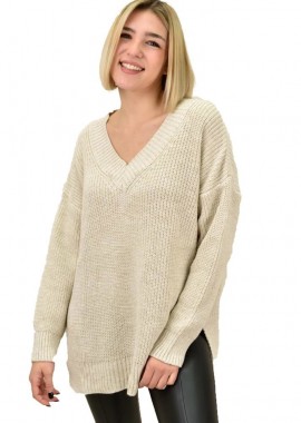 Potre OR - Γυναικείο πλεκτό με V λαιμόκομψη Εκρού 18670
