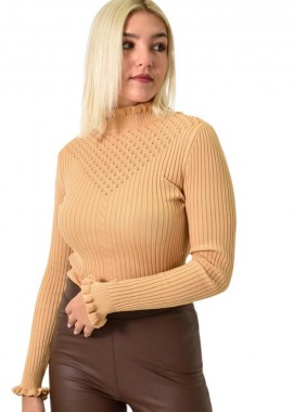 Potre OR - Πλεκτό τοπ με ψηλό γιακά και διακριτικό σχέδιο Μπεζ 25847