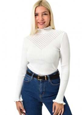 Potre OR - Πλεκτό τοπ με ψηλό γιακά και διακριτικό σχέδιο Λευκό 25848