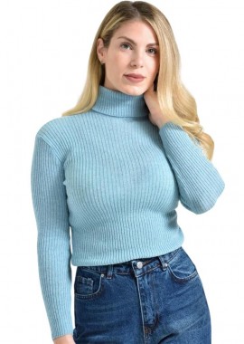 Potre OR - Πουλόβερ πλεκτό ριμπ με ζιβάγκο Γαλάζιο 27166