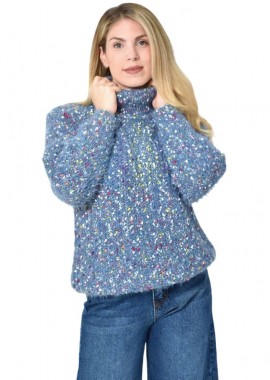 Potre OR - Πλεκτή αφράτη πουλόβερ με ζιβάγκο με πολύχρωμες νηματιές Μπλε Σκούρο 27177