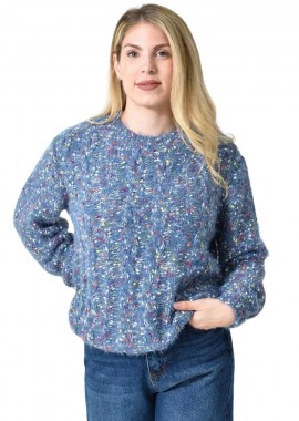 Potre OR - Πλεκτή Αφράτη Πουλόβερ Με Πολύχρωμες Νηματιές Μπλε Σκούρο 27170