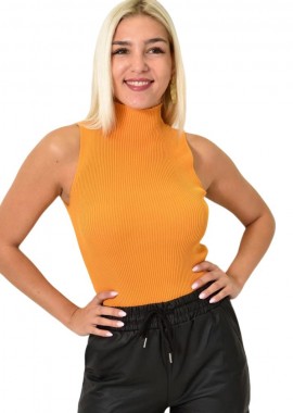 Potre OR - Γυναικείο ριπ τοπ με όρθιο γιακά αμάνικο Μουσταρδί 25863