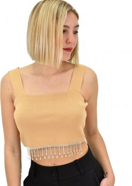 Potre OR - Γυναικείο τοπ με κρόσια στρας Μπεζ 19208