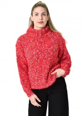 Potre OR - Πλεκτή αφράτη πουλόβερ με ζιβάγκο με πολύχρωμες νηματιές Κόκκινο 27183