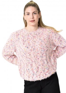 Potre OR - Πλεκτή Αφράτη Πουλόβερ Με Πολύχρωμες Νηματιές Ροζ 27172