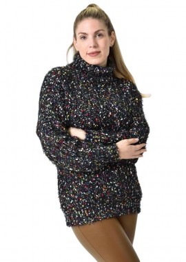 Potre OR - Πλεκτή αφράτη πουλόβερ με ζιβάγκο με πολύχρωμες νηματιές Μαύρο 27180