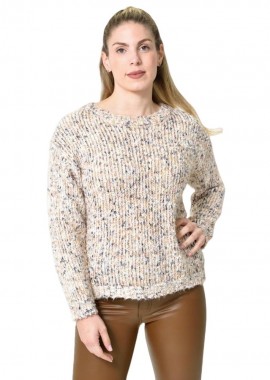 Potre OR - Πλεκτή αφράτη πουλόβερ με πολύχρωμες νηματιές Εκρού 27193