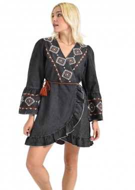 Potre OR - Denim Κρουαζέ Φόρεμα με Κεντήματα & Βολάν Μαύρο 26646