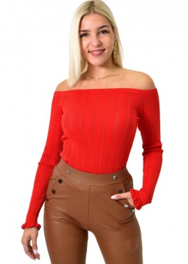 Potre OR - Γυναικείο πλεκτό με διάτρητο σχέδιο και τελείωμα βολάν Κόκκινο 25879