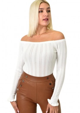 Potre OR - Γυναικείο πλεκτό με διάτρητο σχέδιο και τελείωμα βολάν Λευκό 25877