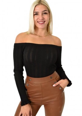 Potre OR - Γυναικείο πλεκτό με διάτρητο σχέδιο και τελείωμα βολάν Μαύρο 25878