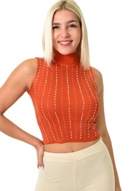 Potre OR - Γυναικείο πλεκτό αμάνικο ζιβάγκο με στρας Κεραμιδί 25882