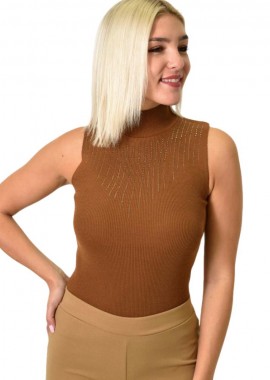 Potre OR - Γυναικείο πλεκτό αμάνικο ζιβάγκο με στρας Καφέ 25888