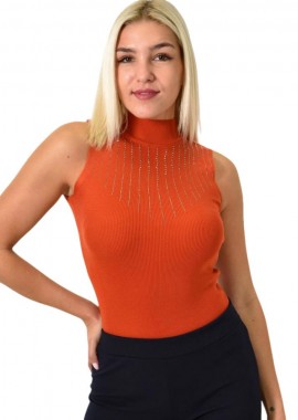 Potre OR - Γυναικείο πλεκτό αμάνικο ζιβάγκο με στρας Κεραμιδί 25889