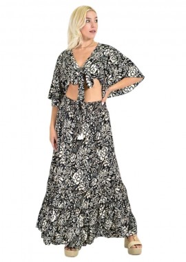 Potre OR - Boho Σετ με Φλοράλ Δέσιμο & Maxi Φούστα Μαύρο 26617