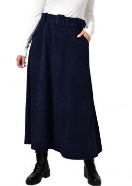 Potre OR - Γυναικεία φούστα κοτλέ με ζώνη Μπλε Σκούρο 22597