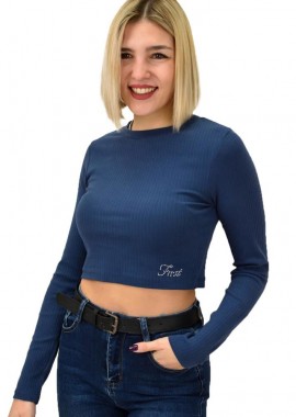 First Woman - Τοπ μακρυμάνικο με στρας Μπλε Σκούρο 914