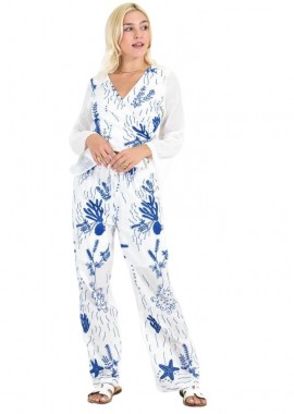 Potre OR - Σετ Παντελόνα & Crop Top με Θαλάσσιο Κεντητό Μοτίβο Μπλε 26627