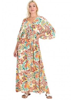 Potre OR - Boho Μάξι Φόρεμα με Ζωνάκι & Πολύχρωμο Μοτίβο Σομόν 26697