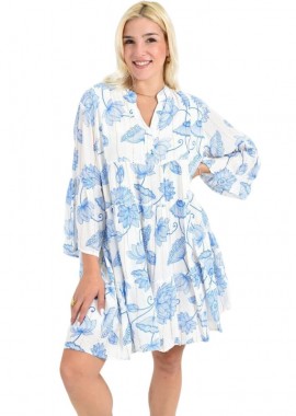 Potre OR - Κοντό Φόρεμα με Floral Print & Φαρδιά Μανίκια Μπλε 26690
