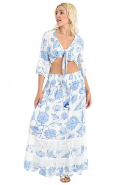 Potre OR - Boho Σετ Crop Top & Φούστα με Τρυπητές Λεπτομέρειες Μπλε 26623