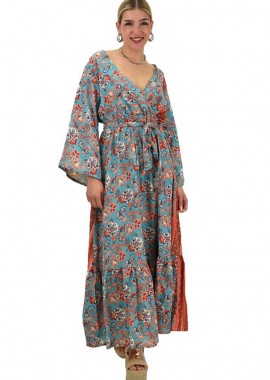 Potre OR - Γυναικείο μεταξωτό boho φόρεμα με ζώνη Γαλάζιο 20368