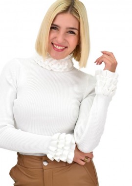 Potre OR - Γυναικείο τοπ με σχέδιο στο λαιμό και στα μανίκια Λευκό 22234