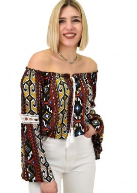 First Woman - Μπλούζα εμπριμέ crop Μπορντώ 1210