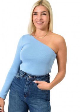 Potre OR - Πλεκτό τοπ με ανοιχτό ώμο Γαλάζιο 26009