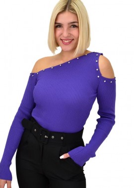 Potre OR - Γυναικείο τοπ με έξω ώμους και στρας Μωβ 22220