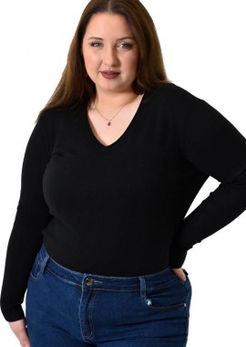 Potre OR - Πλεκτή μπλούζα ζέρσεϊ με V λαιμόκοψη για μεγάλα μεγέθη Μαύρο 22775